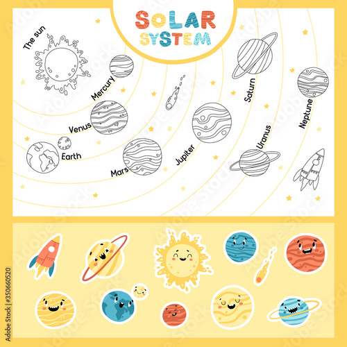 Solar system. Educational childish game with stickers. The sun and planets in sequence. Space childish illustration with funny faces. Vector cartoon hand-drawn characters.