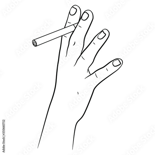 Human hand holding cigarette. Smoking tobacco or marijuana. Black and white linear silhouette. Cartoon style. Isolated vector illustration.