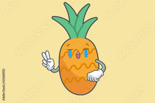 CRYING, SAD, SOB, CRY Face Emotion. Peace Hand Gesture. Pineapple Fruit Cartoon Drawn Mascot Illustration.
