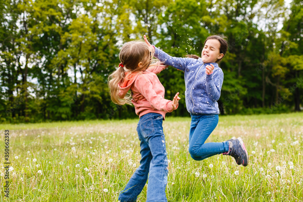 Fototapeta premium Two adorable girls dancing on the meadow