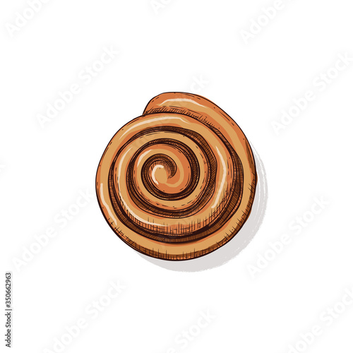 Bun cinnabon in sketch engraving style. Fresh homemade French bun cinnamon. Hand drawn vector illustration