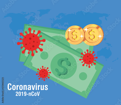 bills cash and coins with particles 219 ncov vector illustration design
