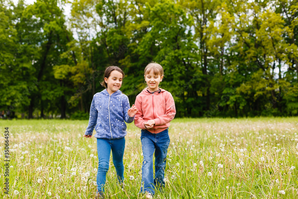 Fototapeta premium Two sisters hug one another outdoors, happy family