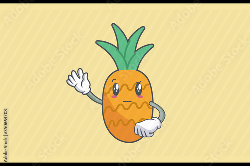 REALLY, ATTENTIVE, Curios Face Emotion. Waving Hand Gesture. Pineapple Fruit Cartoon Drawn Mascot Illustration.