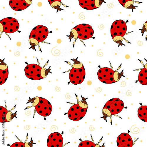 Seamless pattern with a ladybug on a white background. Vector illustration with ladybug. Design of packaging paper for children. Printing on fabrics, clothing, and dresses. Doodle style. 