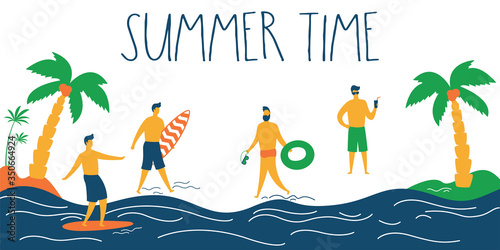 Group of handsome men on paradise seashore. Summer time horizontal banner. Beach sport activity, vacation and leisure.