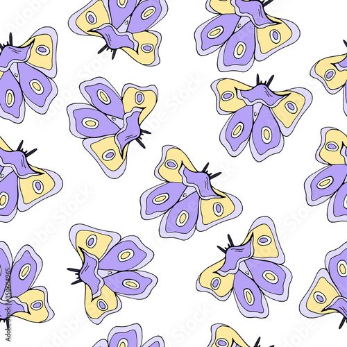 Seamless pattern of a bright butterfly on a white background. Vector illustration with butterflies. Design of packaging paper for children. Printing on fabrics, clothing, and dresses. Doodle style.