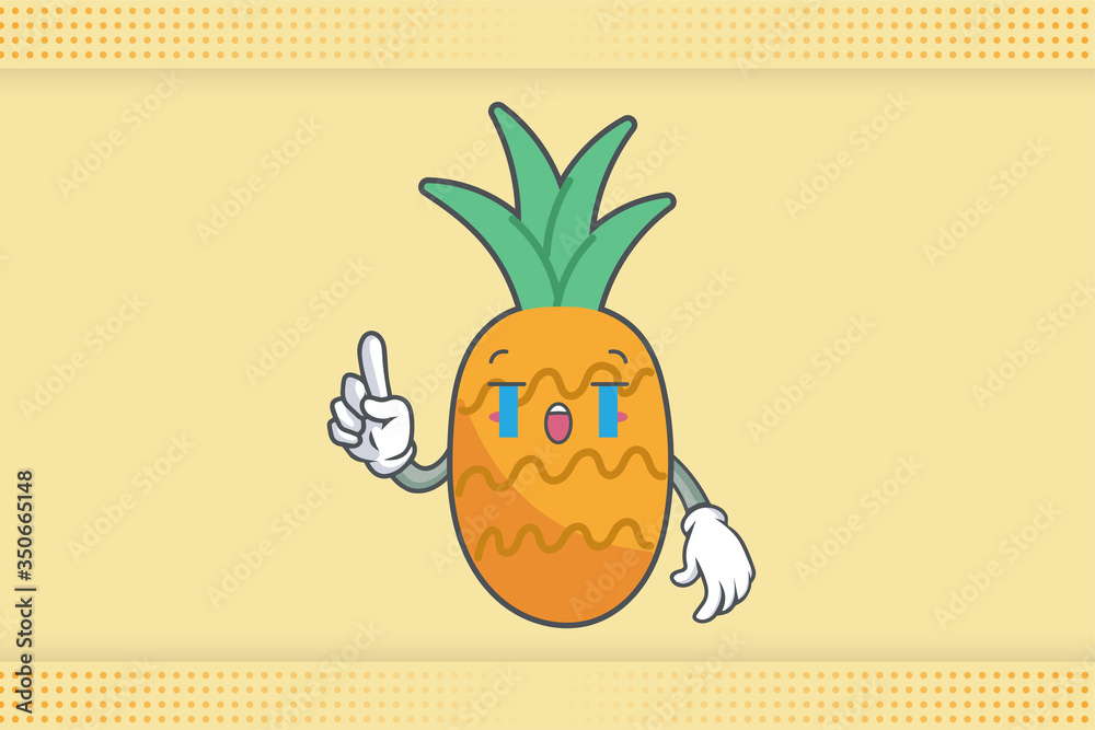 CRYING, SAD, SOB, CRY Face Emotion. forefinger Hand Gesture. Pineapple Fruit Cartoon Drawn Mascot Illustration.