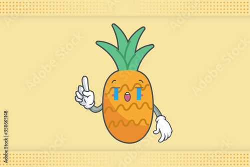 CRYING, SAD, SOB, CRY Face Emotion. forefinger Hand Gesture. Pineapple Fruit Cartoon Drawn Mascot Illustration.