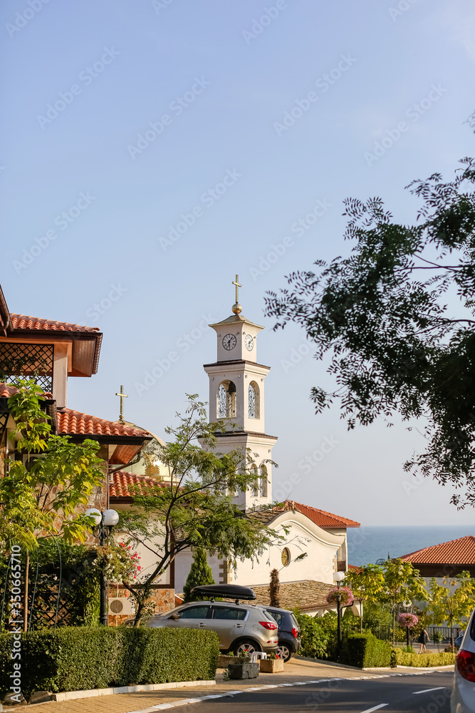 White Church in the resort town of Bulgaria Sveti Vlas in summer