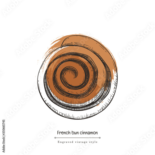 Bun cinnabon in sketch engraving style. Fresh homemade French bun cinnamon. Hand drawn vector illustration