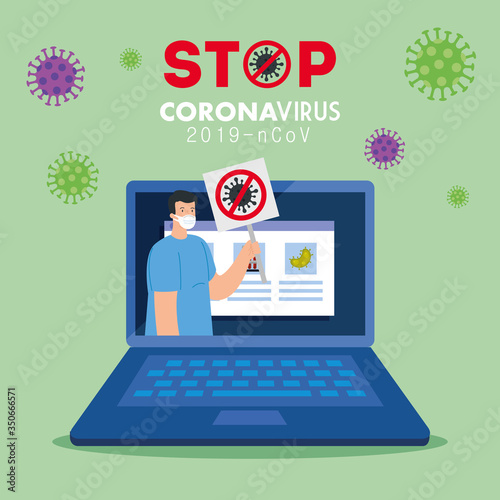 campaign of stop 2019 ncov in laptop vector illustration design