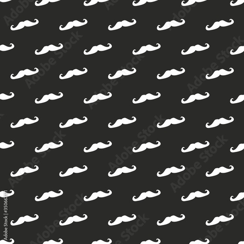 Seamless dark vector pattern, background or texture with white curly vintage retro gentleman mustaches on black background. For hipster websites, desktop wallpaper, blog, web design