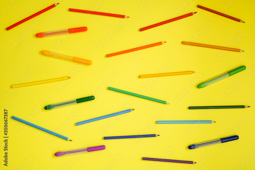 Stationery on yellow. Flat lay. Stationery on yellow. Flat lay.