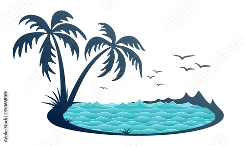 Tropical island symbol with sea and palm trees.