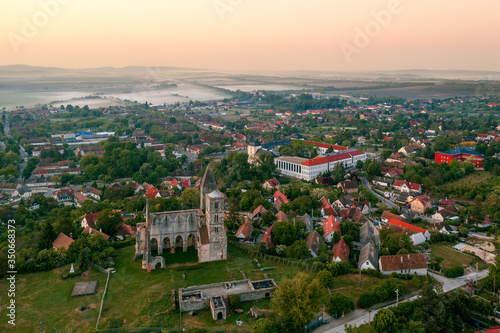 Amazing aerial photo about the Premontre Monastery. This is a church ruin in Zsambek city Hungary. Built in 1220-1234.  Roman and gotchic style. Destroyed an big earthquake in 1763.