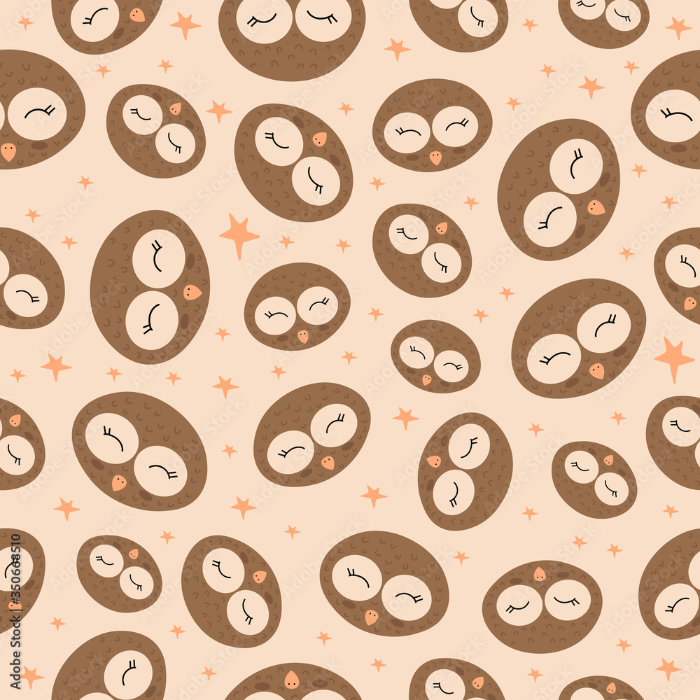 Seamless pattern with an owl on a pink background. Vector illustration of a wild bird. Children's print. Children's pattern. Doodle style. Design of packaging paper, fabrics, and clothing. Cute owl. Seamless pattern with an owl on a pink background. Vector illustration of a wild bird. Children's print. Children's pattern. Doodle style. Design of packaging paper, fabrics, and clothing. Cute owl.