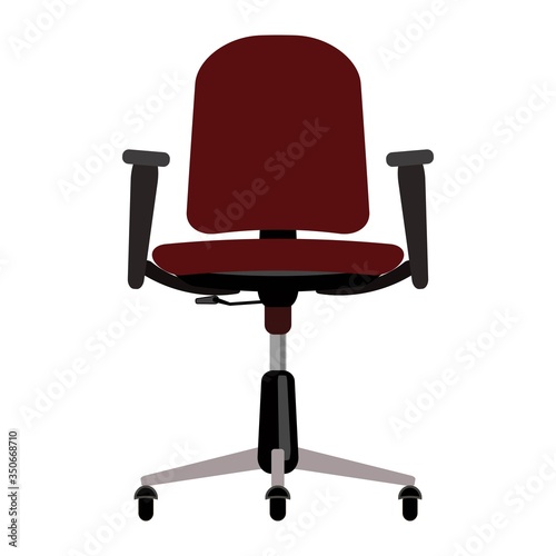 Brown office chair with handles vector illustration. Furniture with rolls and all equipment tor it. Object isolated on white