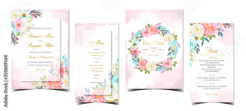 set of gorgeous abstract wedding invitation with colorful flowers