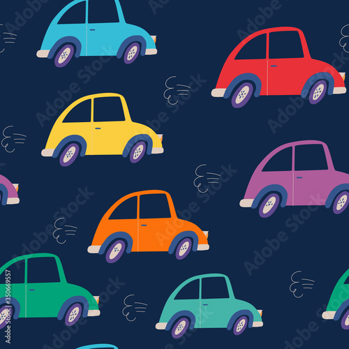 Seamless pattern with cartoon colored cars. Children's colorful illustration. Use for children's textiles, packaging paper, gift paper, fabrics.