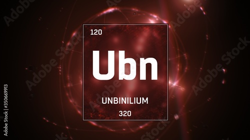 3D illustration of Unbinilium as Element 120 of the Periodic Table. Red illuminated atom design background with orbiting electrons. Design shows name, atomic weight and element number  photo