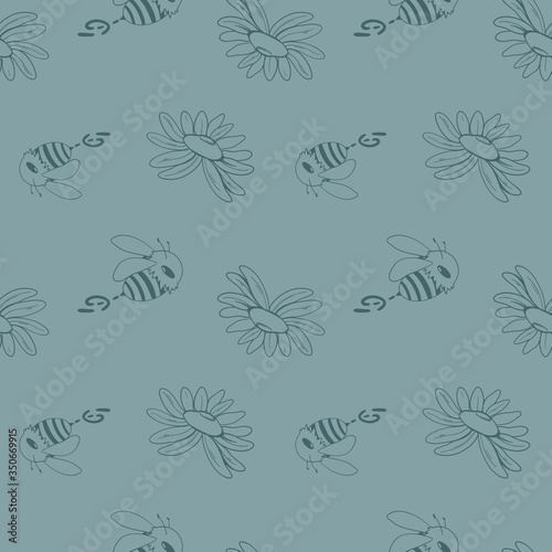 Cute square silent pattern of daisy flower and bee. Doodle art outline on a blue background. Print for fabrics, clothes, wrapping paper, cards, packaging, banners, children's textiles and books.