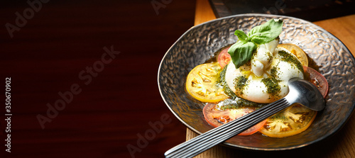 mozzarella cheese dish sprinkled with herbs and around tomatoes place for text