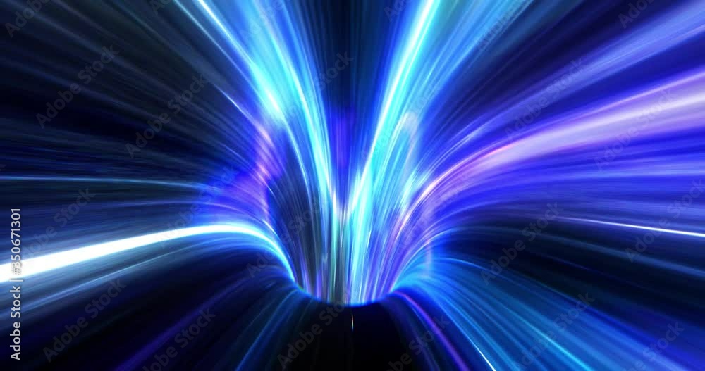 Abstract energy tunnel in space. Wormhole travel through time and space. Wormhole space deformation, science fiction. Black hole, vortex hyperspace tunnel. 4k 3D rendering, Seamless loop