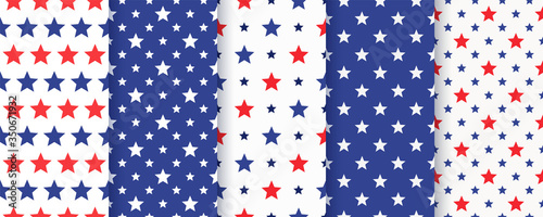 Star seamless pattern. Vector. Abstract geometric backgrounds. Set textures with stars. Holiday patriotic simple wallpaper. Cute navy blue, red prints. Color illustration.