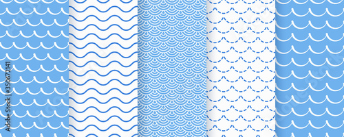 Wave seamless pattern. Vector. Blue wavy background. Set marine textures. Simple illustration. Sea geometric prints with stripes, tides and rollers. Nautical design.