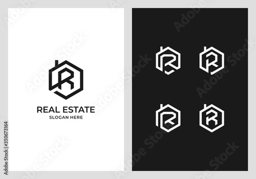 letter R with hexagon house logo bundle