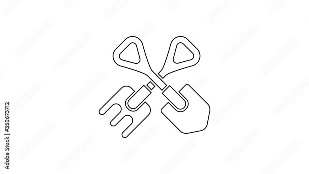 Black line Shovel and rake icon isolated on white background. Tool for horticulture, agriculture, gardening, farming. Ground cultivator. 4K Video motion graphic animation Black line Shovel and rake icon isolated on white background. Tool for horticulture, agriculture, gardening, farming. Ground cultivator. 4K Video motion graphic animation