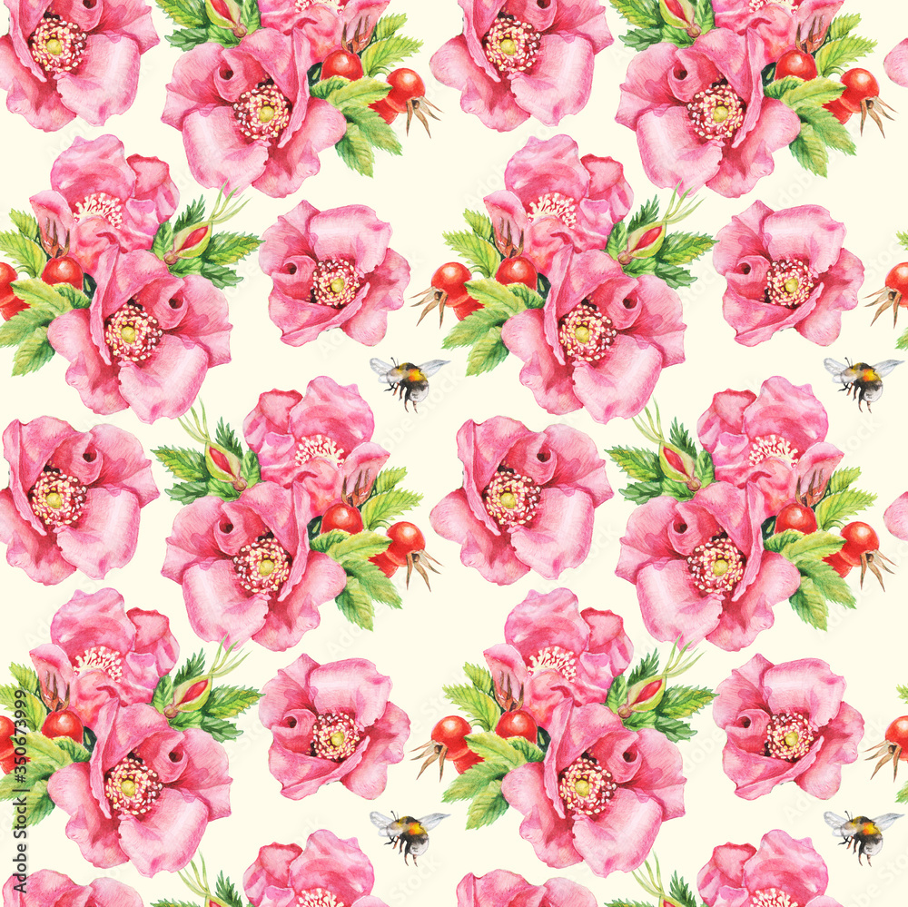 Seamless pattern of watercolor flowers, buds and leaves of pink dog-rose. Shabby chic style. Seamless pattern of watercolor flowers, buds and leaves of pink dog-rose. Shabby chic style.
