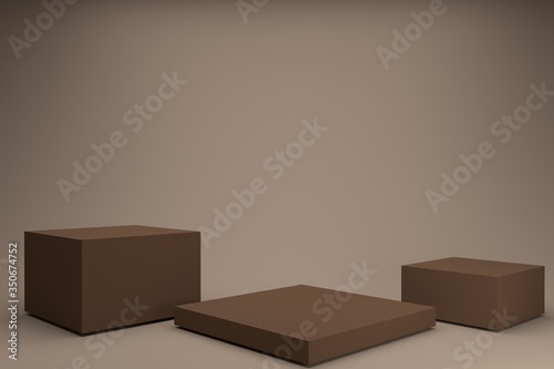 three levels of brown Empty display podium box stand on brown background Blank product showcase shelf 3D rendering