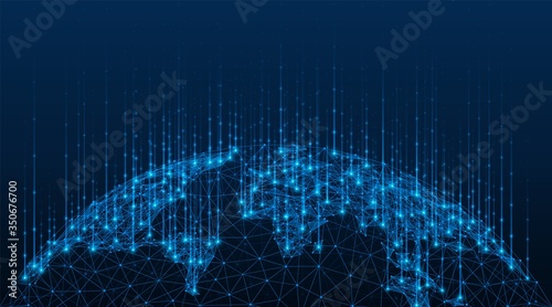 Global map of the world. Data transmission technology. Polygonal model of the globe. Blue background.
