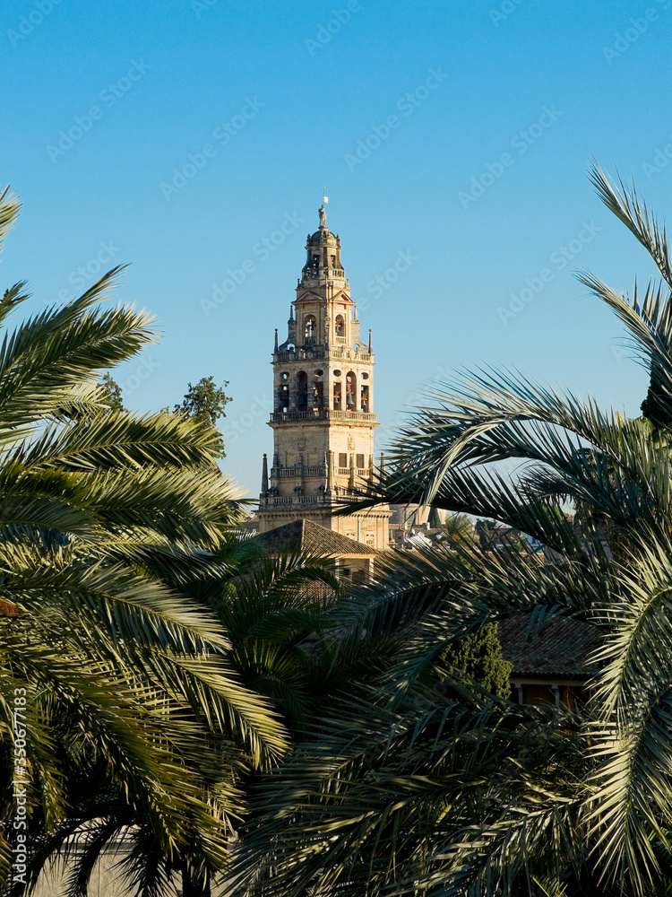Bell Tower (Torre de Alminar) of Cathedral Mosque, Mezquita de Cordoba. Andalusia, Spain.