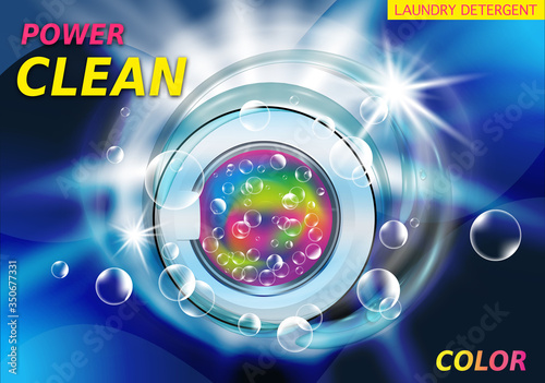 Package design for laundry detergent and liquid detergents ads with washing machine drum and water splash, soap bubbles. Washing powder for color fabric. Vector