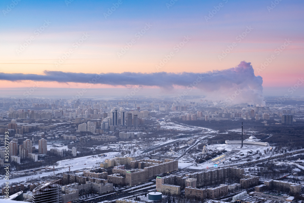 Frosty sunrise over Moscow from a bird's eye view