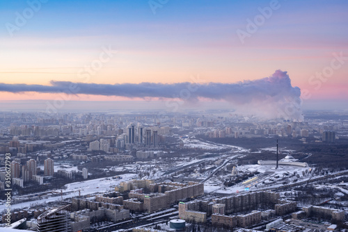 Frosty sunrise over Moscow from a bird s eye view