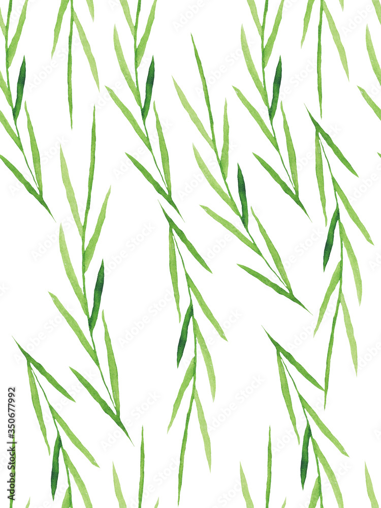 Fototapeta premium A watercolor pattern with green leaves drawn in watercolor.