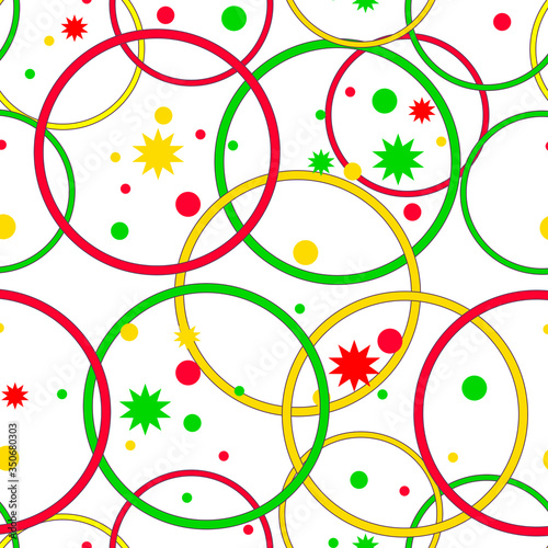 Seamless bright pattern. Multicolored circles, rings, stars. 