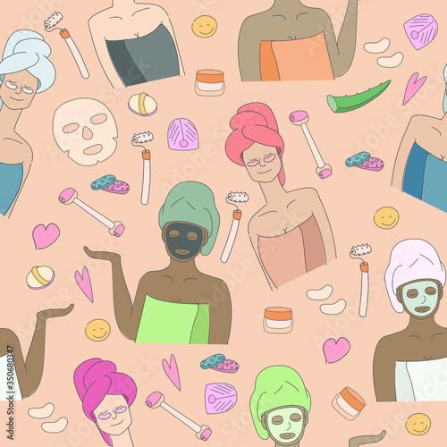 Vector seamless pattern. The concept of home skin care. Masked women for facial cleansing and cosmetic products. Scrub, cream, aloe vera, face vibrator, face roll, sponge, patches