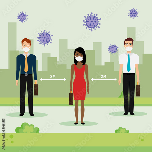 campaign of social distancing for 2019 ncov with business people vector illustration design