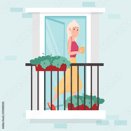 Neighborhood, stay home concept. Woman with cup of hot drink look out of balcon an apartment building. Life in big cities. Social isolation during epidemic. Cute vector illustration in a flat style