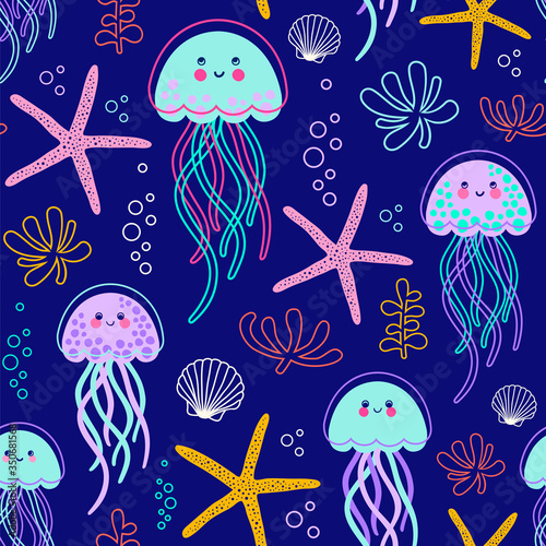 Under the sea. Seamless vector pattern with neon jellyfish, water plants and shells. 