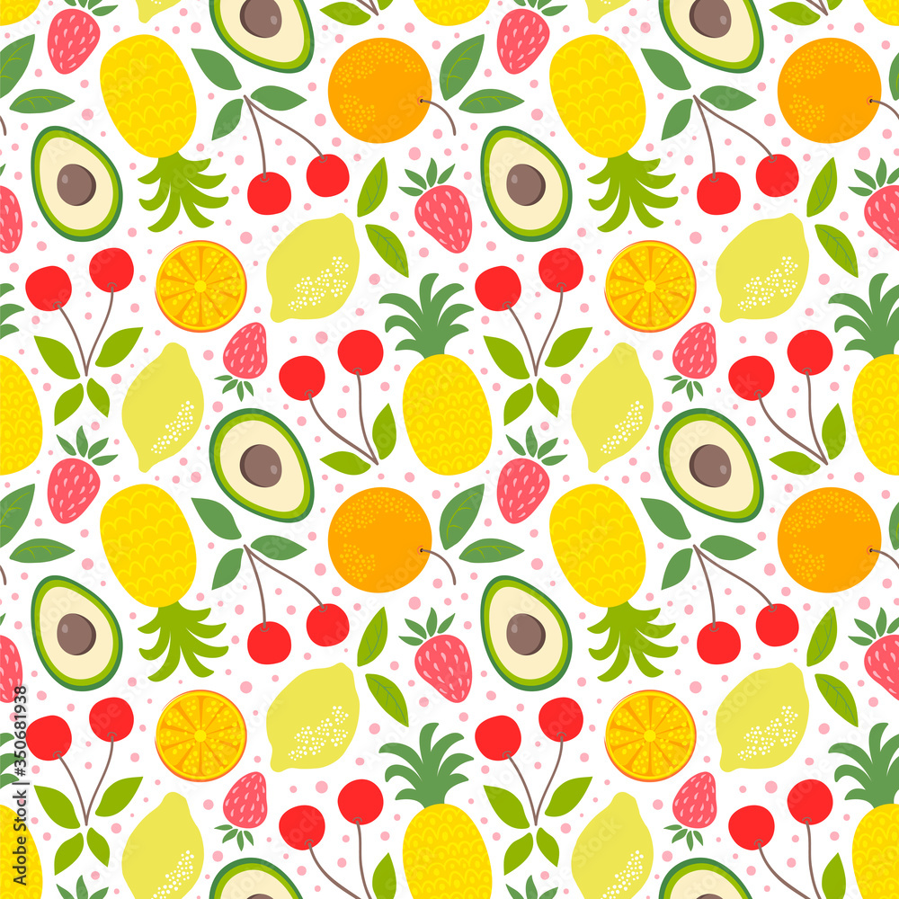 Tropical fruit background. Seamless vector pattern with lemons, avocados, pineapples, cherries, strawberries and oranges. 