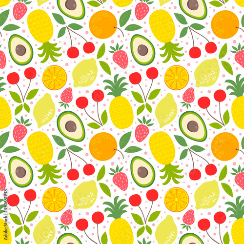 Tropical fruit background. Seamless vector pattern with lemons, avocados, pineapples, cherries, strawberries and oranges. 