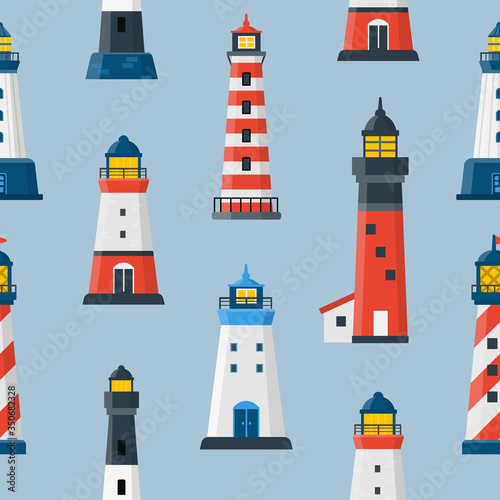 Lighthouses Seamless pattern.  Flat light houses seamless background.  Beacon sea tower print. Vector illustration for fabric.
