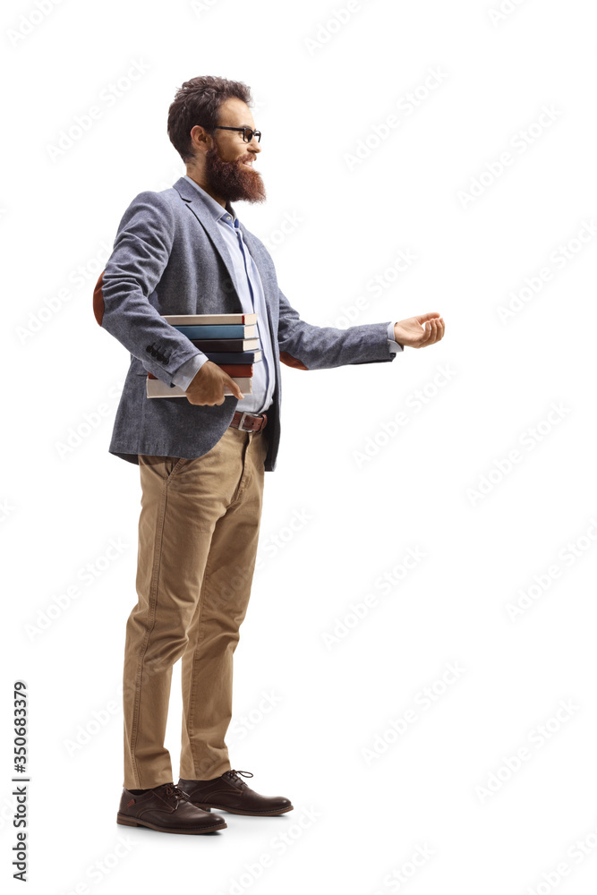 Bearded man holding books and gesturing with hand Bearded man holding books and gesturing with hand