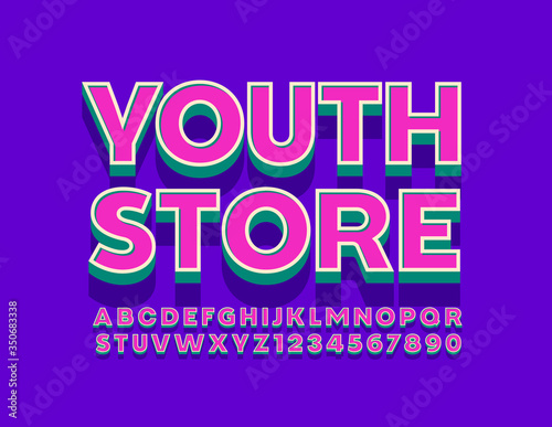 Vector bright logo Youth Store. Trendy 3D Font. Modern Alphabet Letters and Numbers